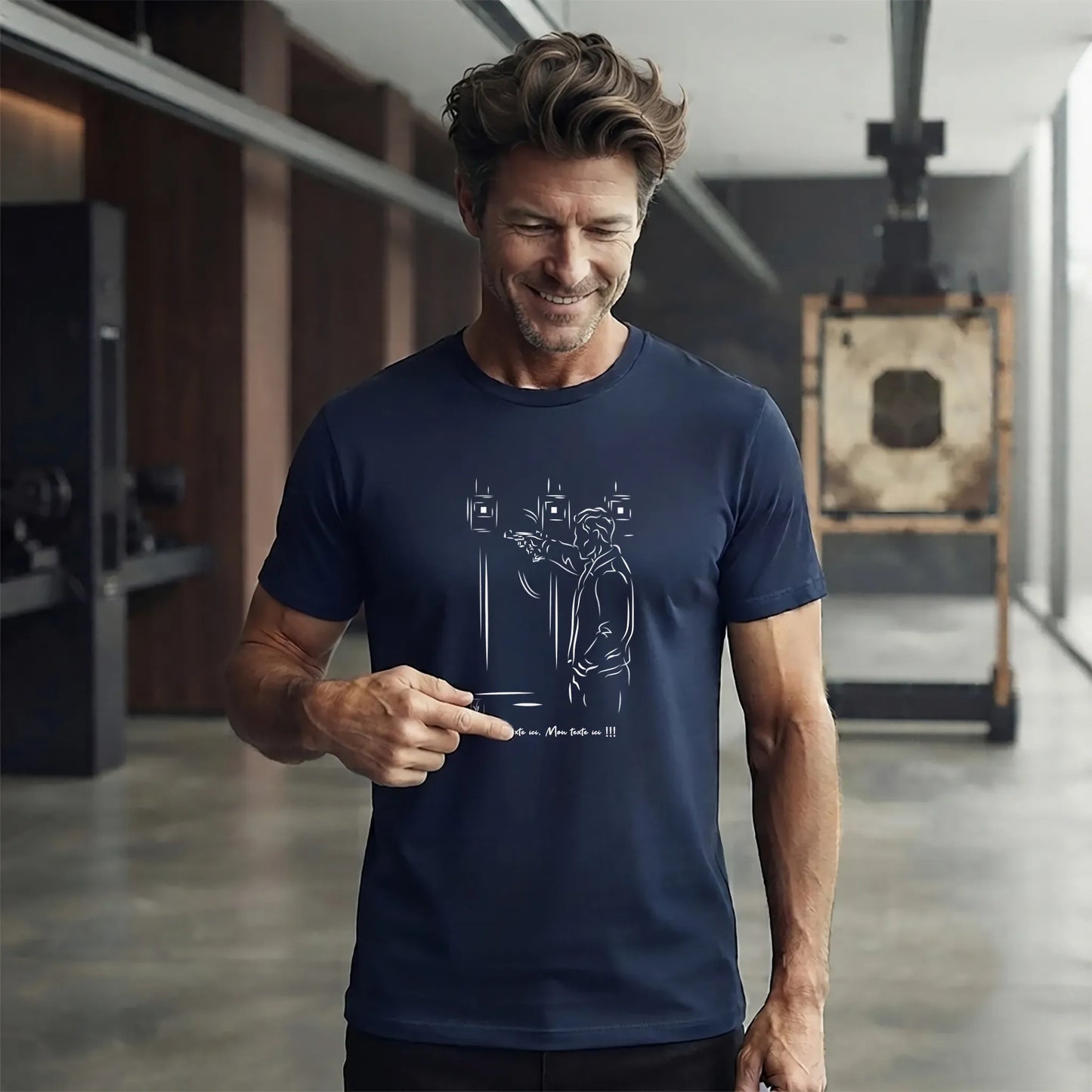 T-shirt Tir Sportif homme Bleu Navy personnalisé (texte/prénom). Idée cadeau Tireur, modèle "Stand".