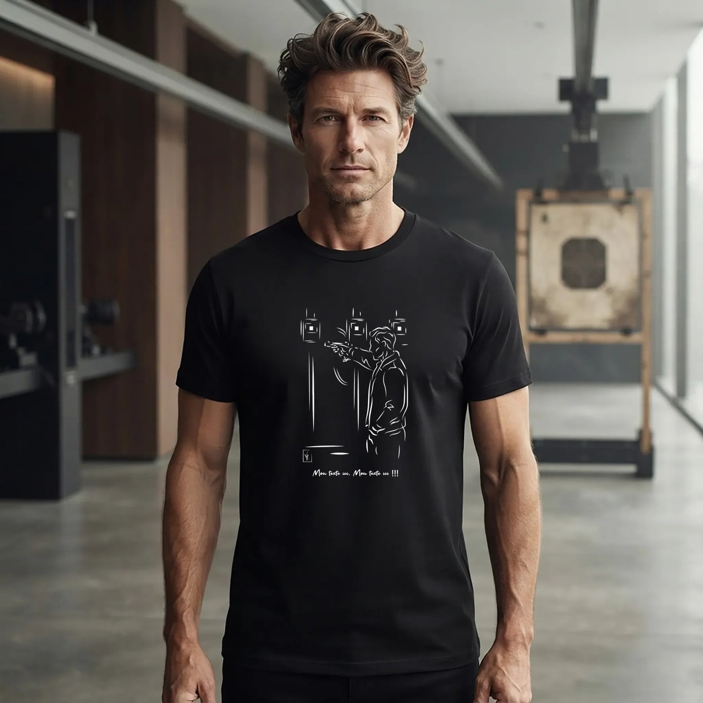 T-shirt Tir Sportif homme Noir personnalisé (texte/prénom). Idée cadeau Tireur, modèle "Stand".