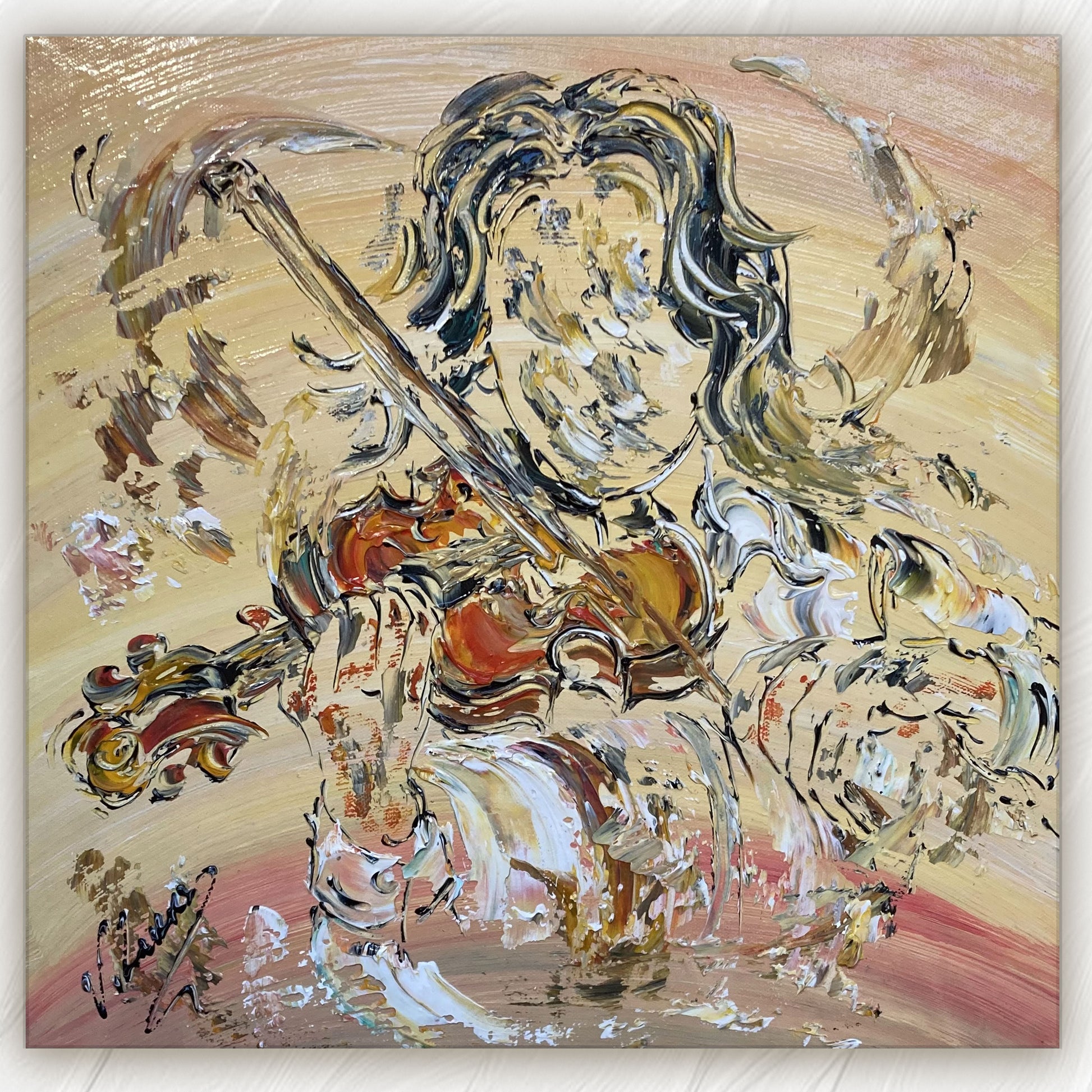 Tableau peinture musicien violoniste format 40x40cm. Peintre Virginie Linard.