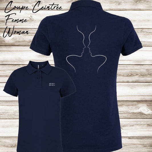 Graphisme esquisse deux visages femmes trompe œil sur polo à personnaliser avec du texte. Création Virginie Linard ©.