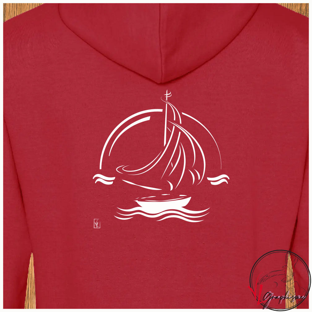 Voilier coucher soleil Mer Océan Sweat-shirt rouge personnalisé Création VLGraphisme Virginie Linard ©