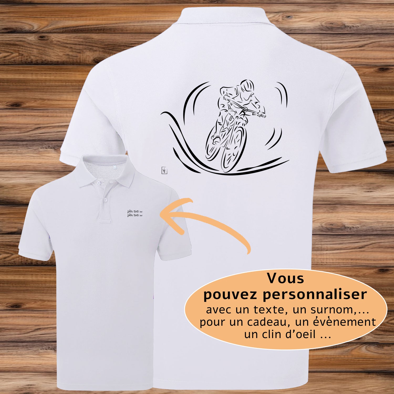 Graphisme vélo vtt cross bmx, sur Polo blanc homme, à personnaliser avec un texte. Création Virginie Linard ©.