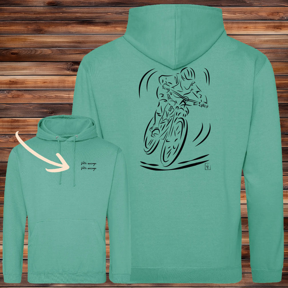 Graphisme Vélo VTT Cross sur sweat-shirt vert à personnaliser avec un texte. Création virginielinard.com ©.
