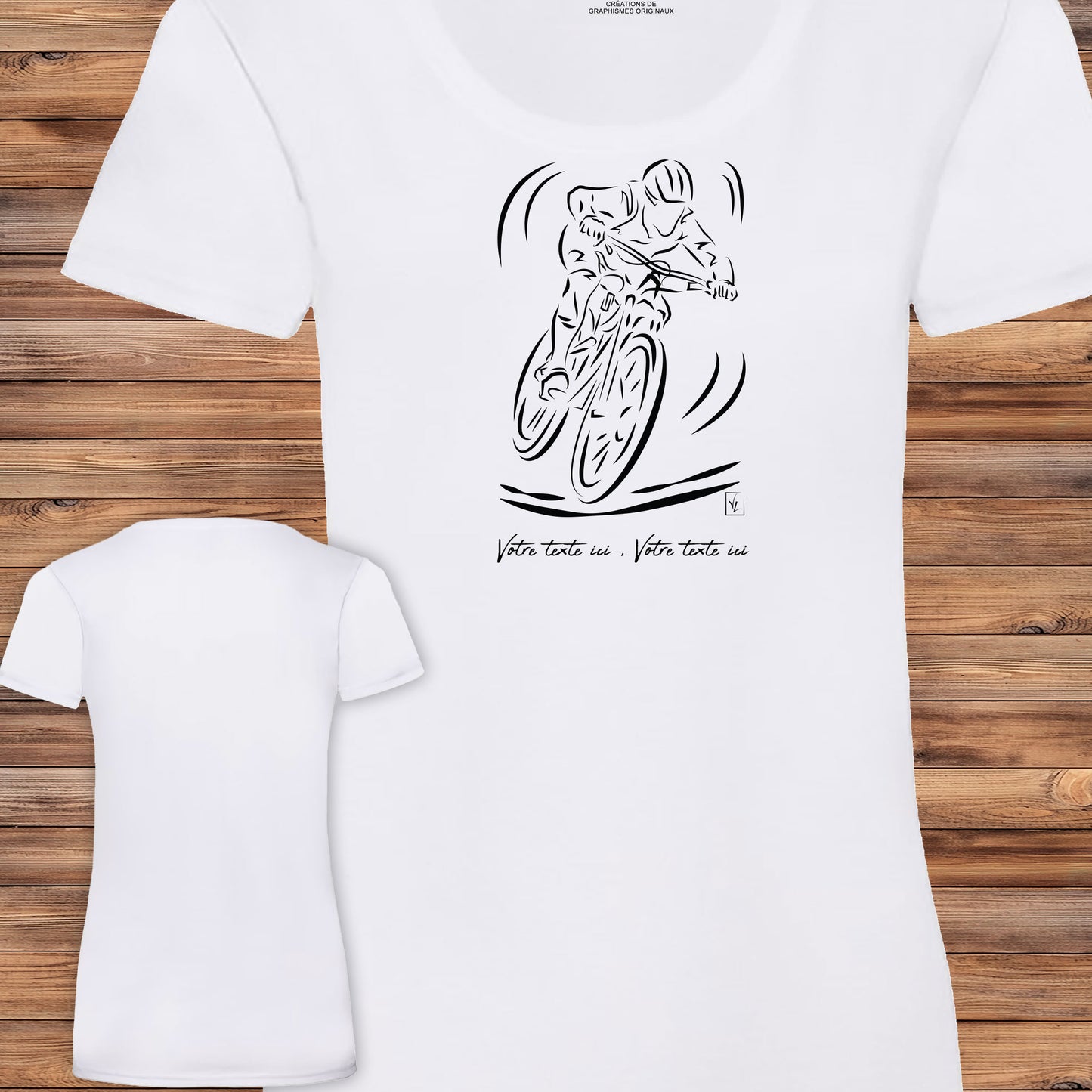 Graphisme Vélo VTT Cross course sur T-shirt blanc femme à personnaliser avec un texte. Création Virginielinard.com ©.