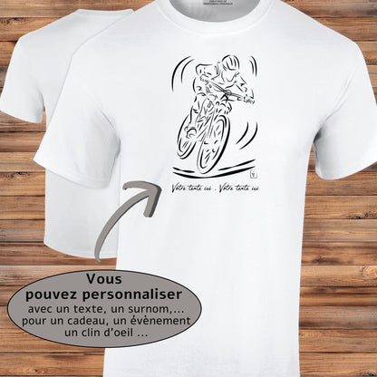 Graphisme Vélo VTT Cross sur t-shirt blanc homme à personnaliser avec un texte. Création virginielinard.com ©.