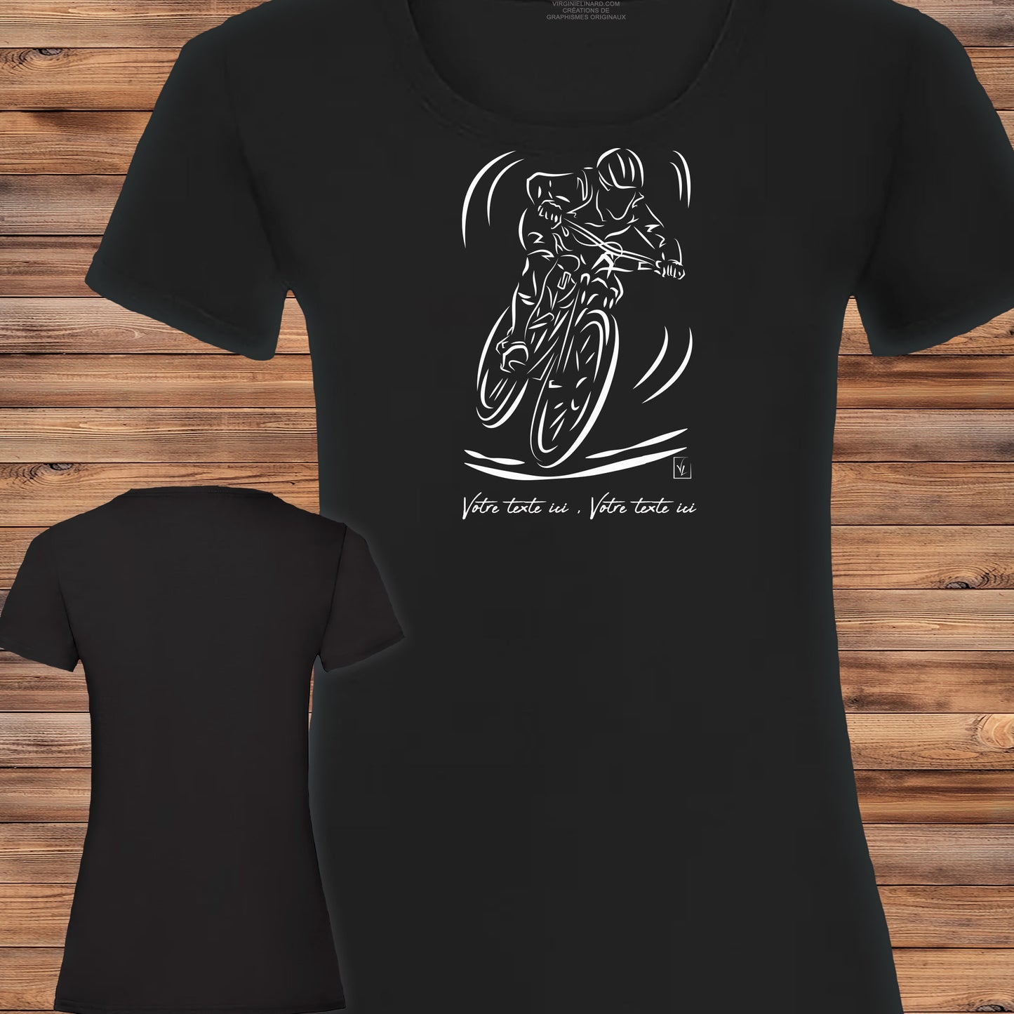 Graphisme Vélo VTT Cross sur t-shirt noir femme à personnaliser avec un texte. Création virginielinard.com ©.