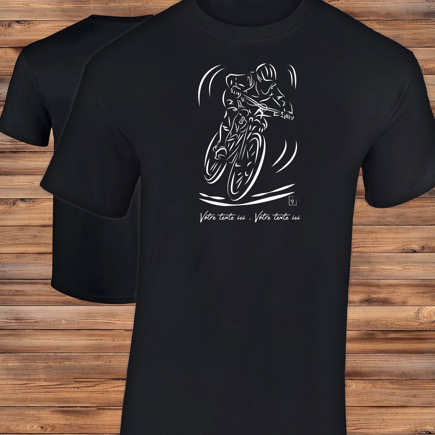 Graphisme Vélo VTT Cross sur t-shirt   noir homme à personnaliser avec un texte. Création virginielinard.com ©.