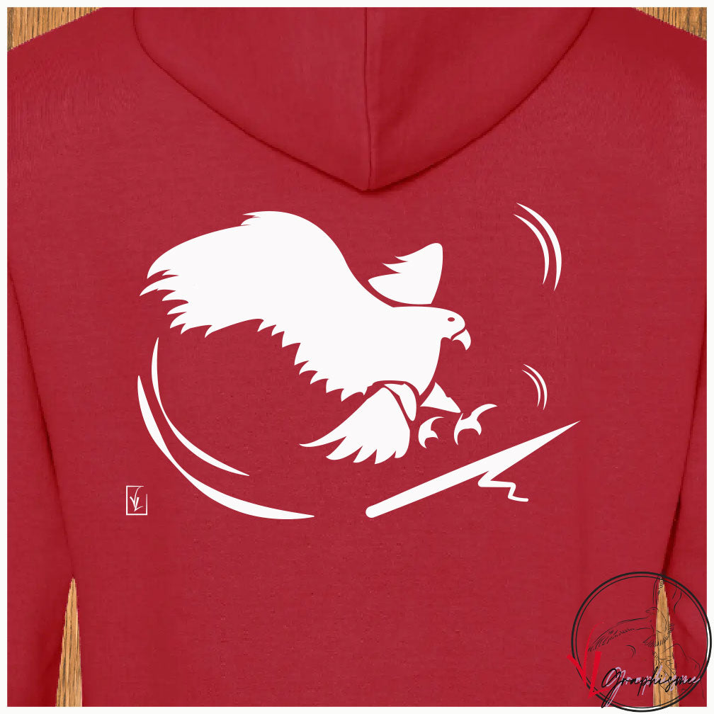 Graphisme d'Aigle sur Sweat Rouge à personnaliser avec un texte côté coeur