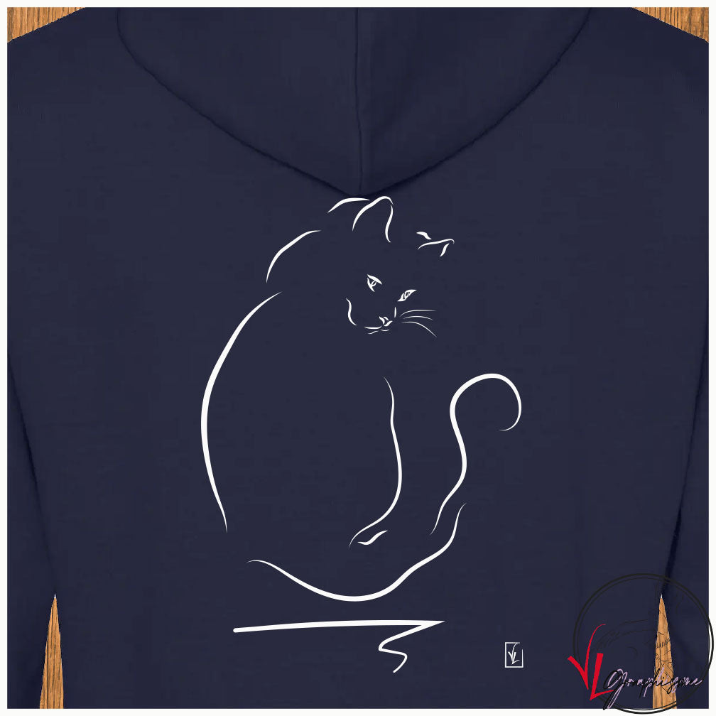 Graphisme chat de dos trait léger sur Sweat bleu foncé à personnaliser avec un texte côté coeur