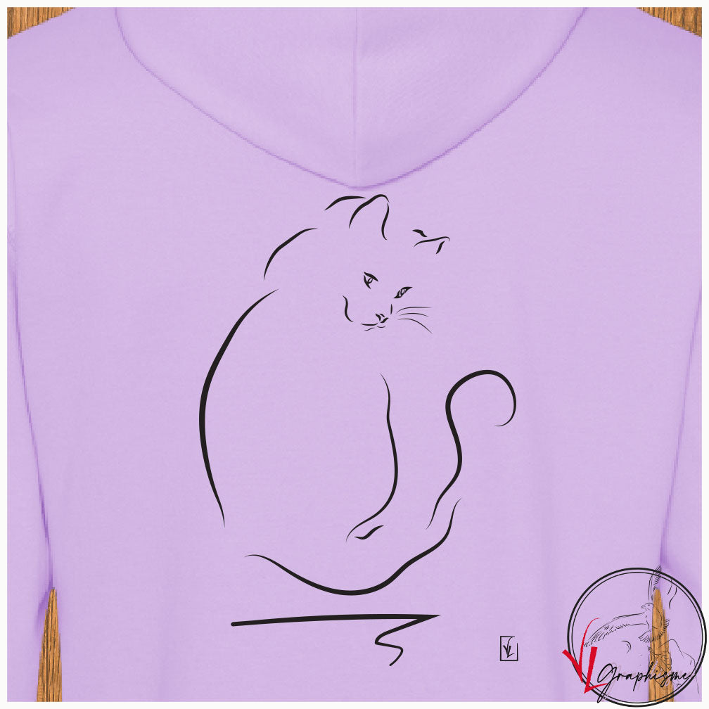 Graphisme chat de dos trait léger sur Sweat couleur lavande à personnaliser avec un texte côté coeur