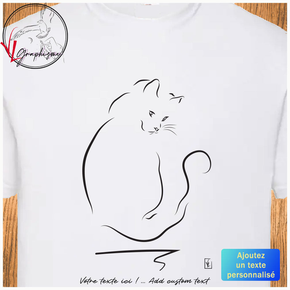 Graphisme d'un chat de dos aux traits légers sur T-Shirt blanc à personnaliser avec un texte dessous
