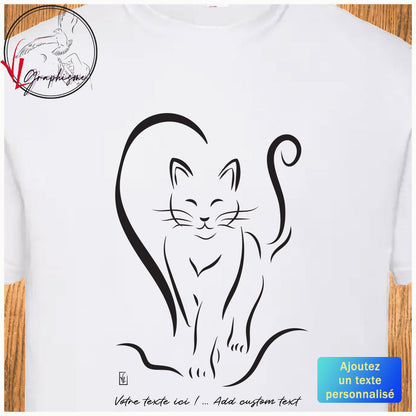 Graphisme de chat e  d'une moitié de coeur sur t-shirt blanc à personnaliser avec un texte dessous