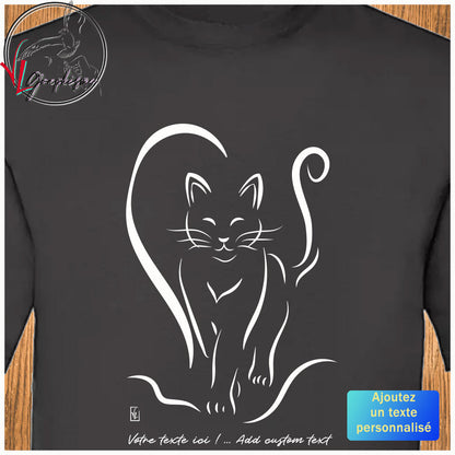 Graphisme de chat e  d'une moitié de coeur sur t-shirt noir à personnaliser avec un texte dessous