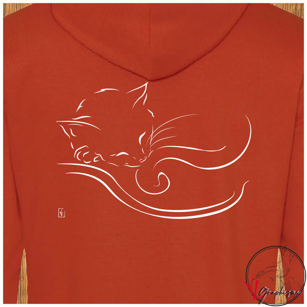 Graphisme d'un chat endormi adorable sur Sweat Orange foncé à personnaliser avec un texte côté coeu