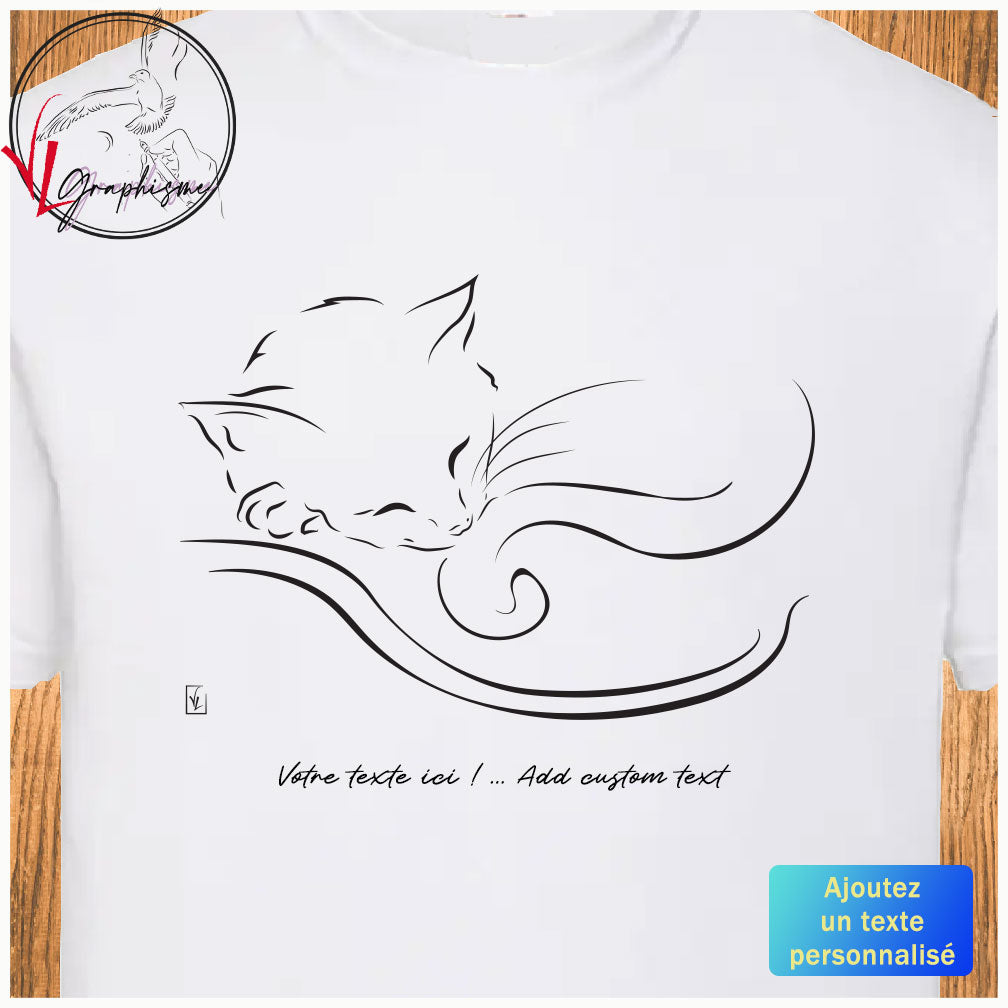 Graphisme d'un chat endormi sur T-Shirt blanc à personnaliser avec un texte dessous