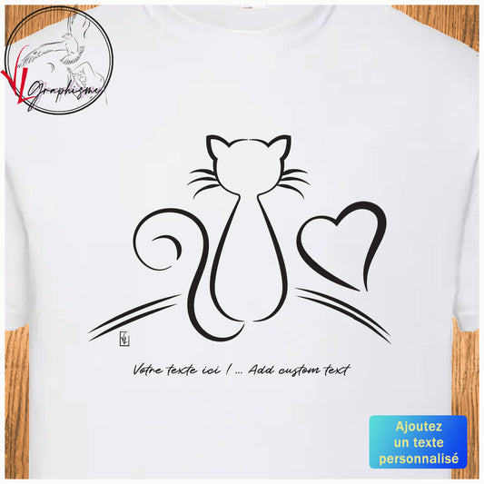 Graphisme de chat de dos et d'un coeur sur t-shirt blanc à personnaliser avec un texte dessous