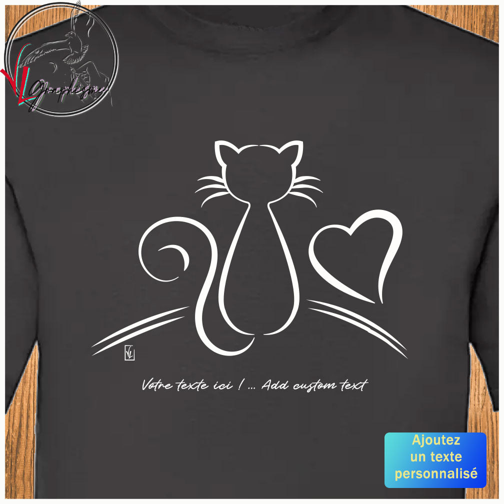Graphisme de chat de dos et d'un coeur sur t-shirt noir à personnaliser avec un texte dessous