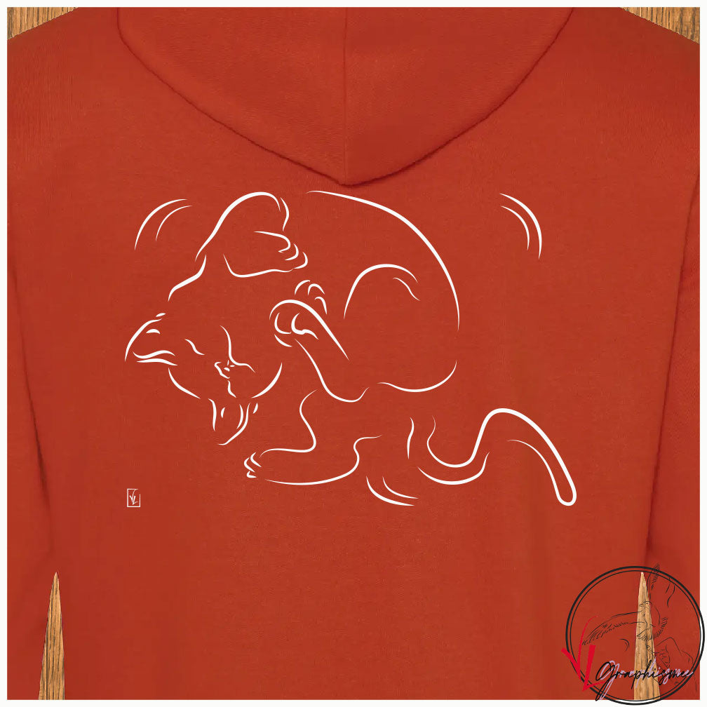 Graphisme d'un chat sur le dos sur Sweat orange foncé à personnaliser avec un texte côté coeur