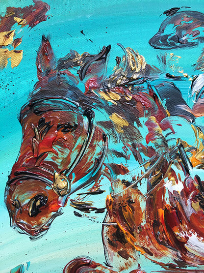 Saut d'obstacle Equitation - Peinture sur toile 38x46cm