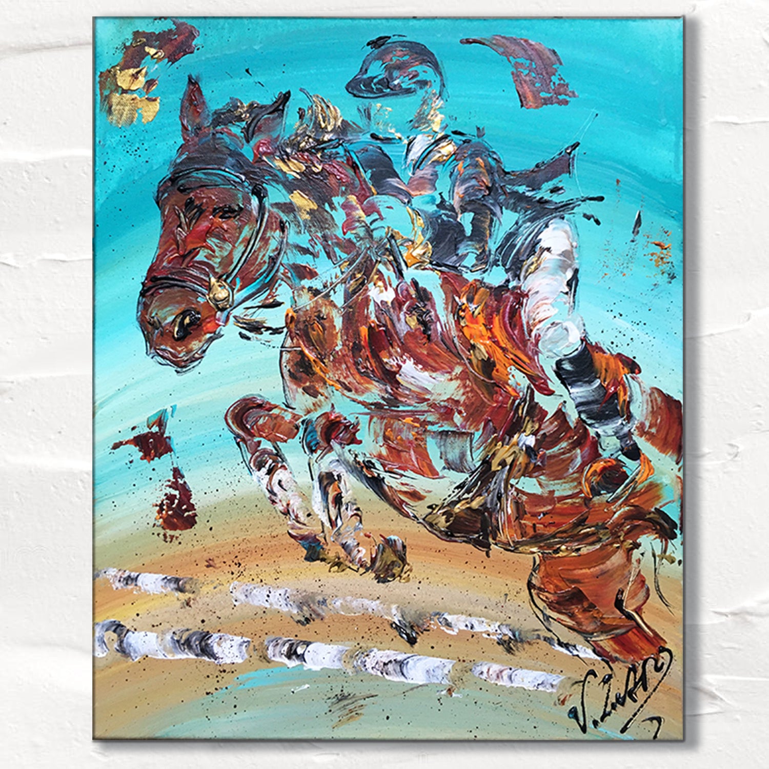 Offrez une toile unique qui illustre un saut d'obstacle en équitation. Cette toile de 38x46cm montée sur chassis et peinte à la main est le cadeau parfait pour les amateurs de sports équestres et convient parfaitement à la décoration intérieure. Une superbe idée cadeau.