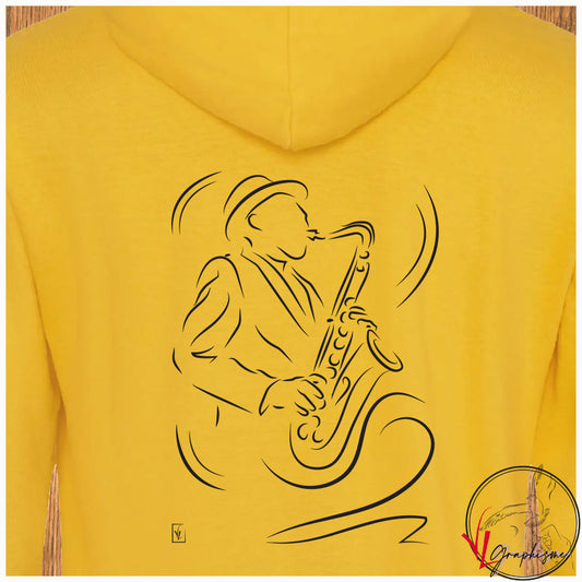 Saxophone Saxophoniste Musique Musicien Sweat shirt jaune personnalisé Création VLGraphisme Virginie Linard ©