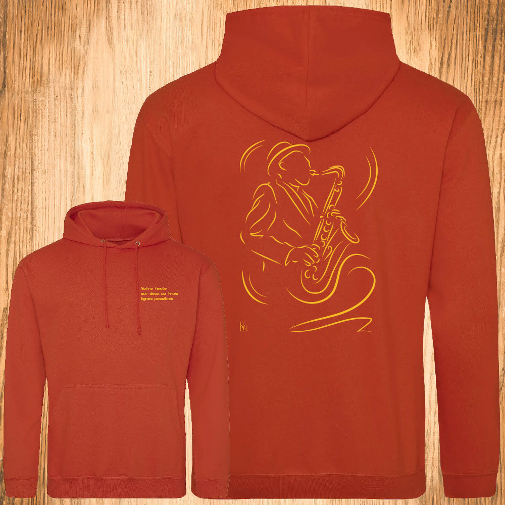 Saxophone Saxophoniste Musique Musicien Sweat shirt orange personnalisé Création VLGraphisme Virginie Linard ©