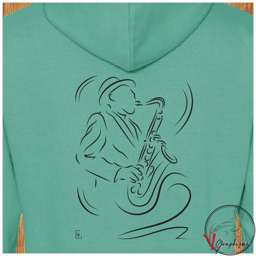 Saxophone Saxophoniste Musique Musicien Sweat shirt vert personnalisé Création VLGraphisme Virginie Linard ©