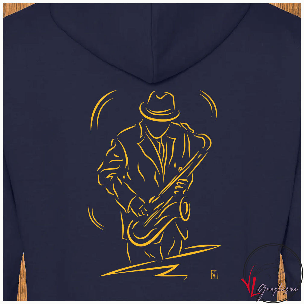 Saxophone Musicien Saxophoniste Musique Sweat shirt bleu personnalisé Création VLGraphisme Virginie-Linard-©