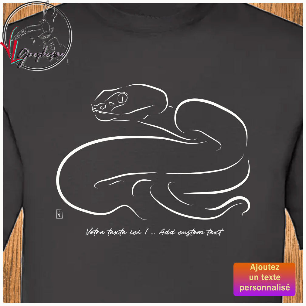 Graphisme Reptile Serpent sur tshirt noir, ajoutez un texte personnalisé dessous