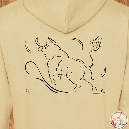 Taureau Corrida Tauromachie de dos, graphisme sur Sweat-shirt à personnaliser avec un texte. Création Virginie Linard ©.