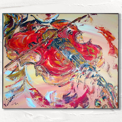 Ce magnifique tableau original est peint à la main sur toile pour une finition riche et élégante. Avec son violon réaliste aux couleurs vives et chaudes, cette œuvre d'art de 55x46cm est un ajout riche et vibrant à votre décoration d'intérieur.