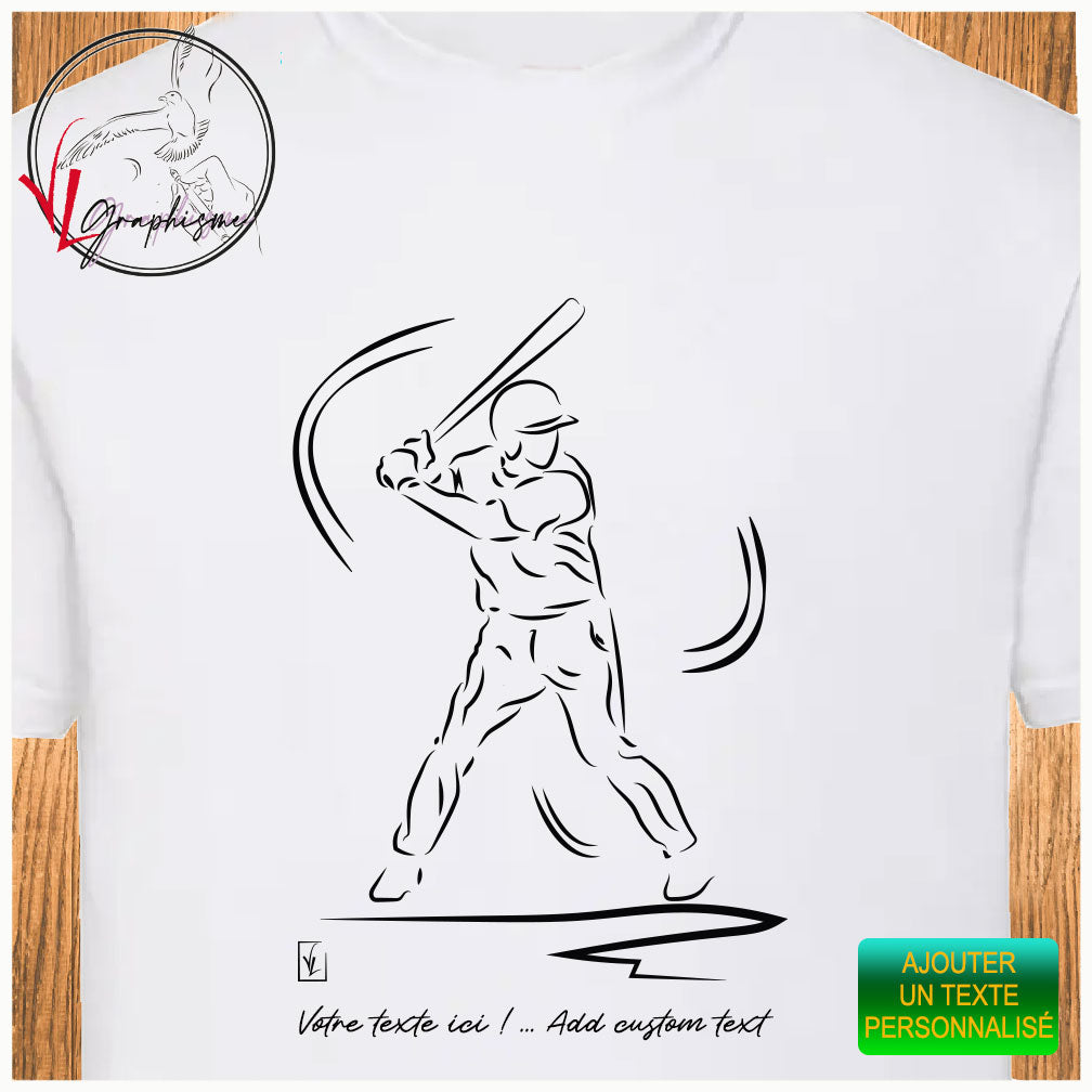 Baseball lancé sport T-shirt couleur blanc à personnaliser avec du texte - Graphisme Virginie Linard ©