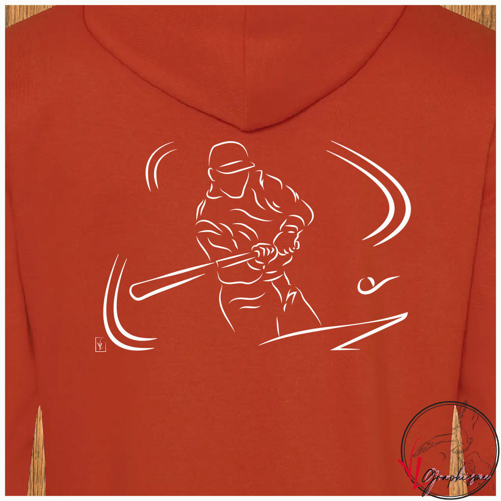 Baseball le lancé sur Sweat couleur rouge à personnaliser avec un texte côté cœur Graphisme Virginie Linard ©