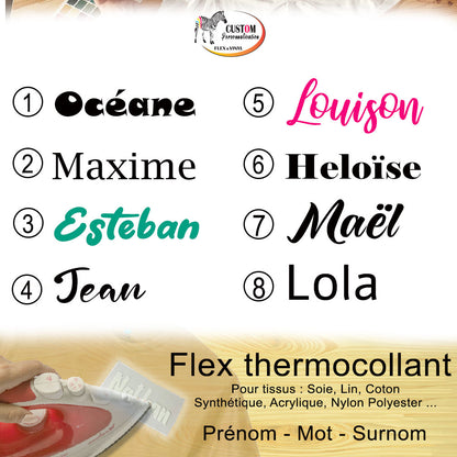 flex thermocollant à personnaliser avec un prénom. Décorations vêtements.