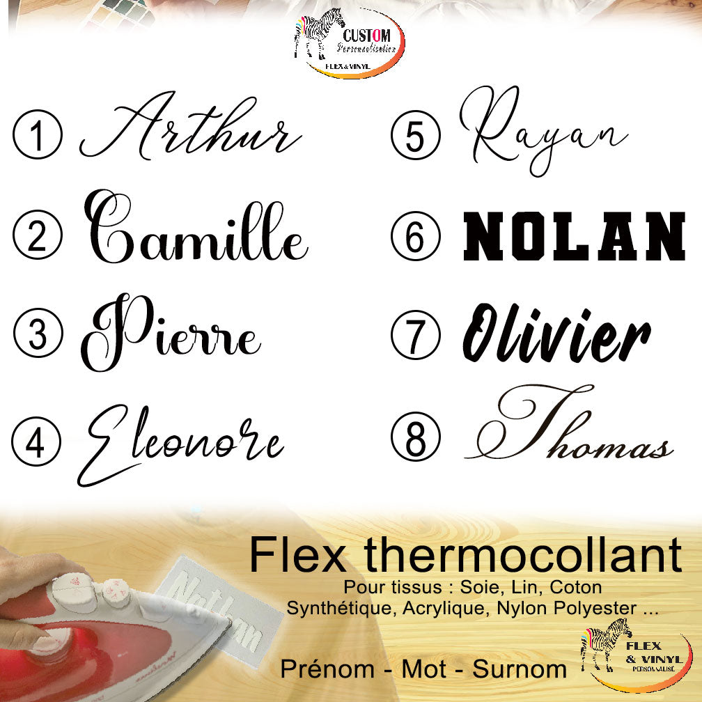 flex thermocollant au fer à repasser, personnalisation prénoms sur textile.