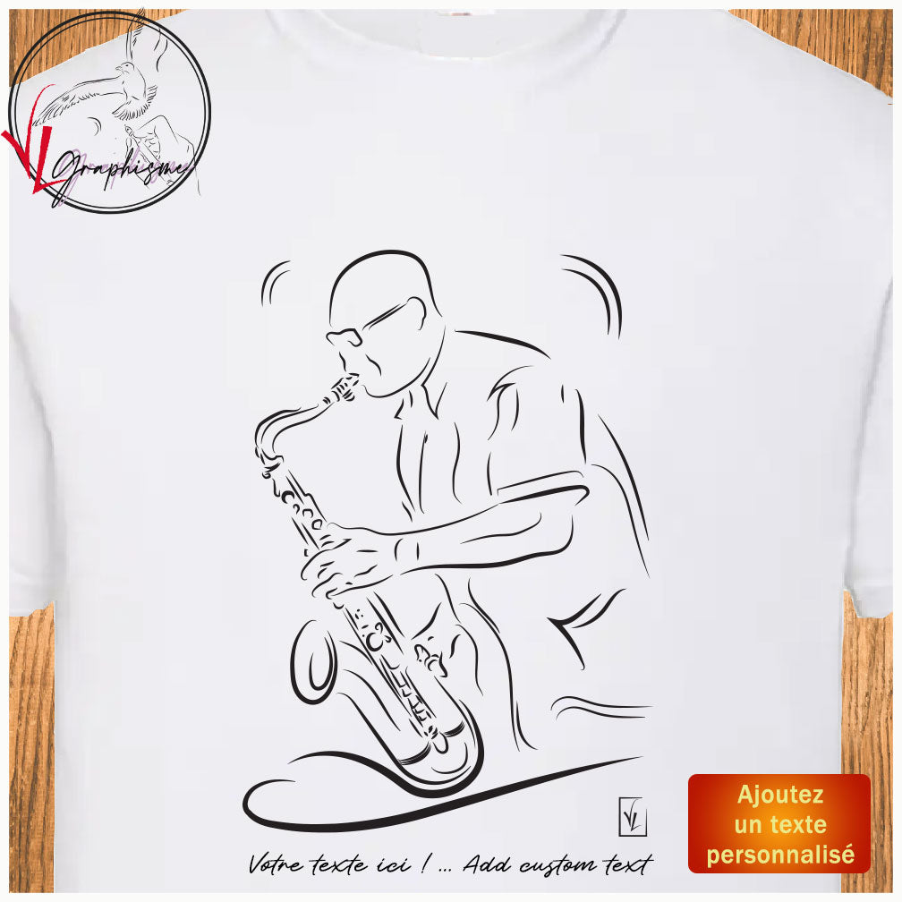 Musique T-shirt Saxophone Jazz couleur blanc à personnaliser Graphisme Virginie Linard ©