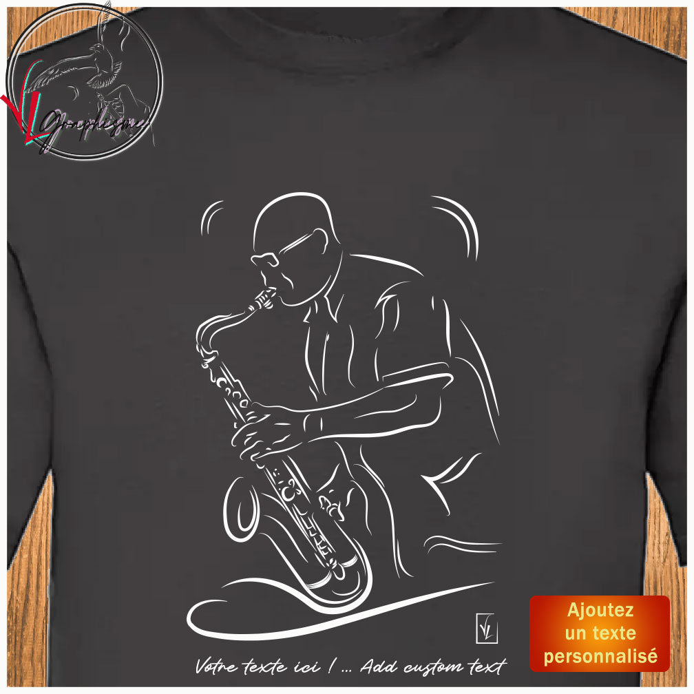 Musique T-shirt Saxophone Jazz couleur noir à personnaliser Graphisme Virginie Linard ©